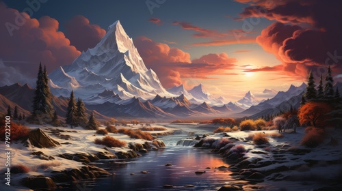 Fantasy landscape with mountains and river. Digital painting.