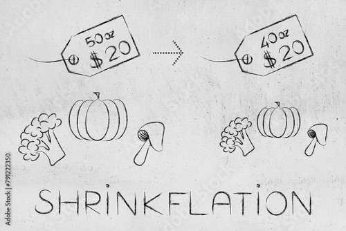 Shrinkflation design with groceries in ounces and dollars, products getting smaller for the same price due to Inflation and recession photo