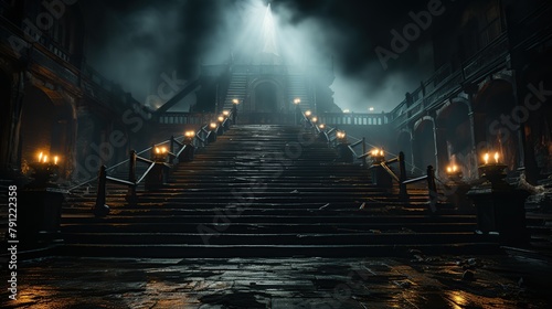 Stairs leading to the church in a foggy night. Halloween concept