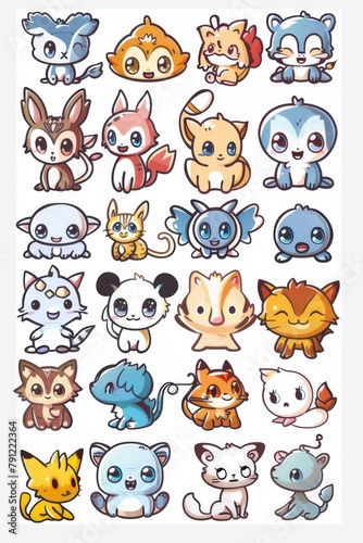many vectors of cute kawaii baby animals, white background