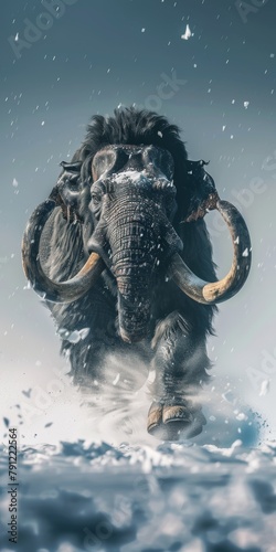 photograph of a dark gray mammoth from the front, running towards the photographer, snow flying from under his feet, sunny weather