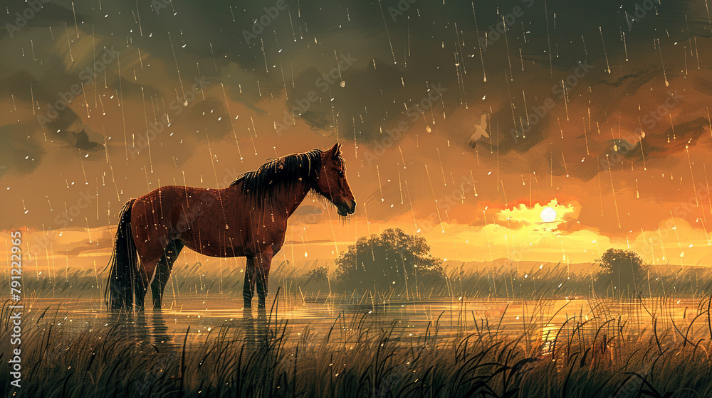illustration of a horse in the rain flat style - obrazy, fototapety, plakaty 