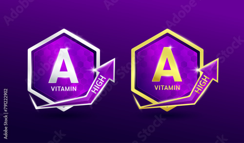 High vitamin A in hexagon shape aluminum gold and silver with shine arrow. Used for design nutrition supplement products. Minerals label symbol logo 3D on purple background. Vector EPS10.
