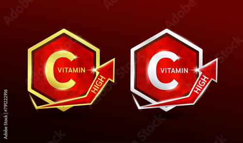 High vitamin C in hexagon shape aluminum gold and silver with shine arrow. Used for design nutrition supplement products. Minerals label symbol logo 3D on red background. Vector EPS10.