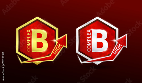 High vitamin B complex in hexagon shape aluminum gold and silver with shine arrow. Used for design nutrition supplement products. Minerals label symbol logo 3D on red background. Vector EPS10.