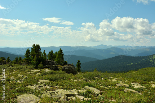 Large stone boulders and lonely cedars on a flat surface of a clearing surrounded by gentle mountain peaks on a sunny summer day. photo