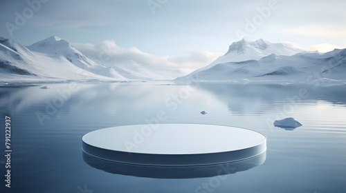 Realistic landscapes with soft, tonal colors, circular shapes; a minimalist stage design features water, ice, and a white square stand in the background.