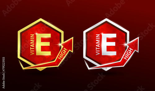 High vitamin E in hexagon shape aluminum gold and silver with shine arrow. Used for design nutrition supplement products. Minerals label symbol logo 3D on red background. Vector EPS10.