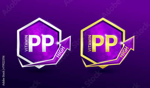 High vitamin PP in hexagon shape aluminum gold and silver with shine arrow. Used for design nutrition supplement products. Minerals label symbol logo 3D on purple background. Vector EPS10.