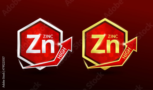 High zinc minerals in hexagon shape aluminum gold and silver with shine arrow. Used for design nutrition supplement products. Vitamins label symbol logo 3D on red background. Vector EPS10.