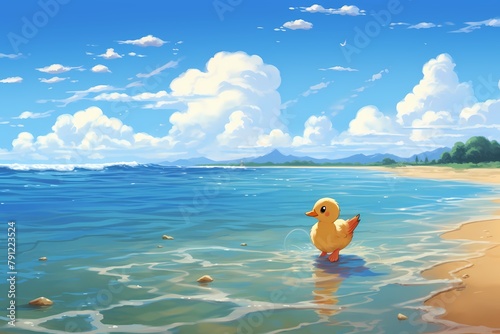 cartoon illustration, a duck is running on the beach © Julaini