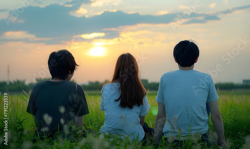 Three young people sitting on the grass, Generative AI