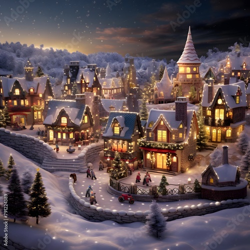 Christmas and New Year miniature village with houses and trees in the snow