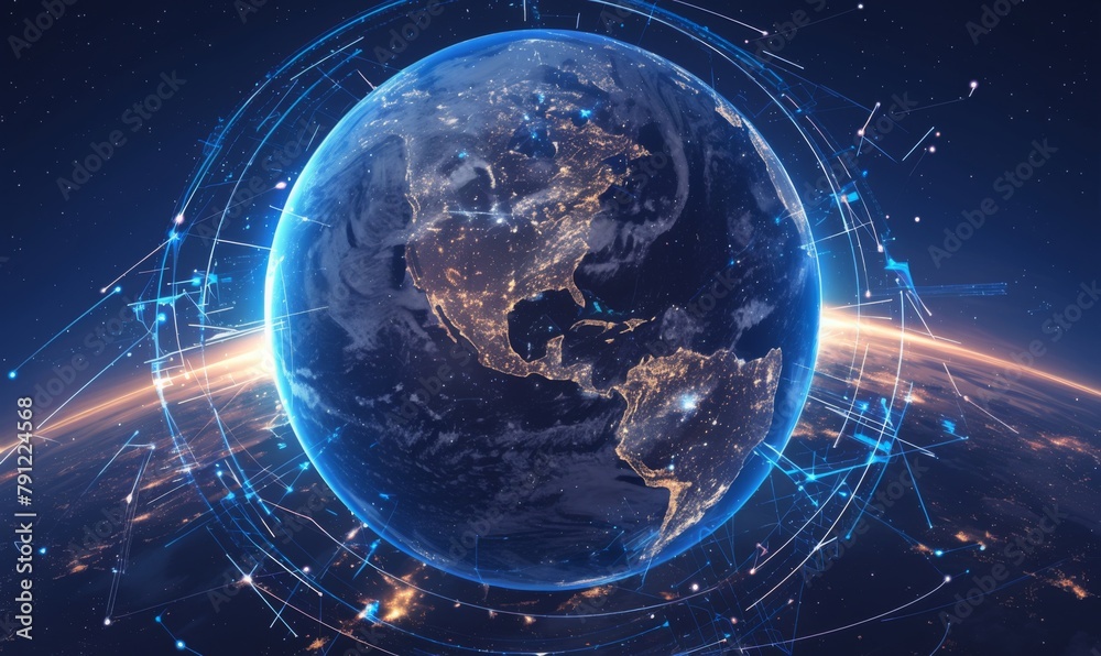 Obraz premium Global Connectivity and Data Transfer on Digital Earth - Illuminating the Dark Background of Worldwide Networking