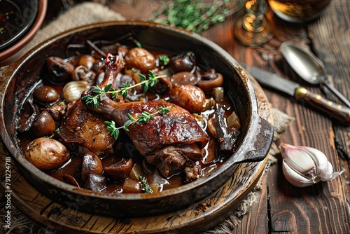 Classic coq au vin stew with tender chicken, mushrooms, and onions, garnished with fresh herbs in a rustic setting.