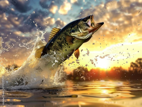 Large mouth bass jumping out of the water. Generate AI image photo