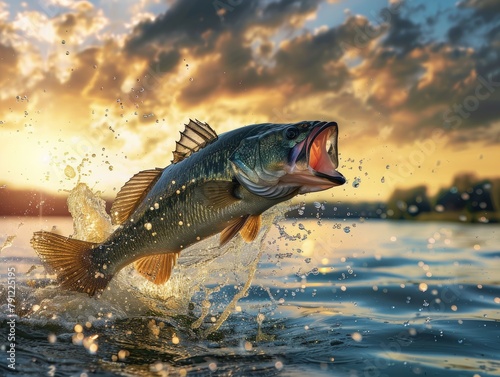 Large mouth bass jumping out of the water. Generate AI image photo