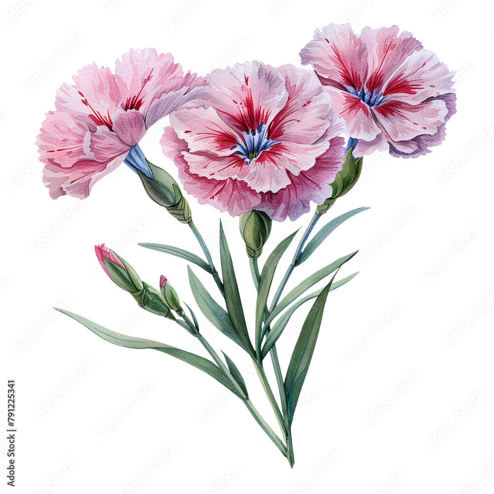 Fototapeta premium A painting of three pink flowers with green stems