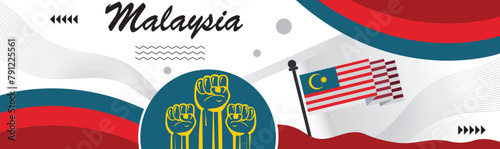 Malaysia National day or Hari Merdeka banner.creative independence day banner with raising hand. Poster, card, banner, template, for Celebrate annual..eps