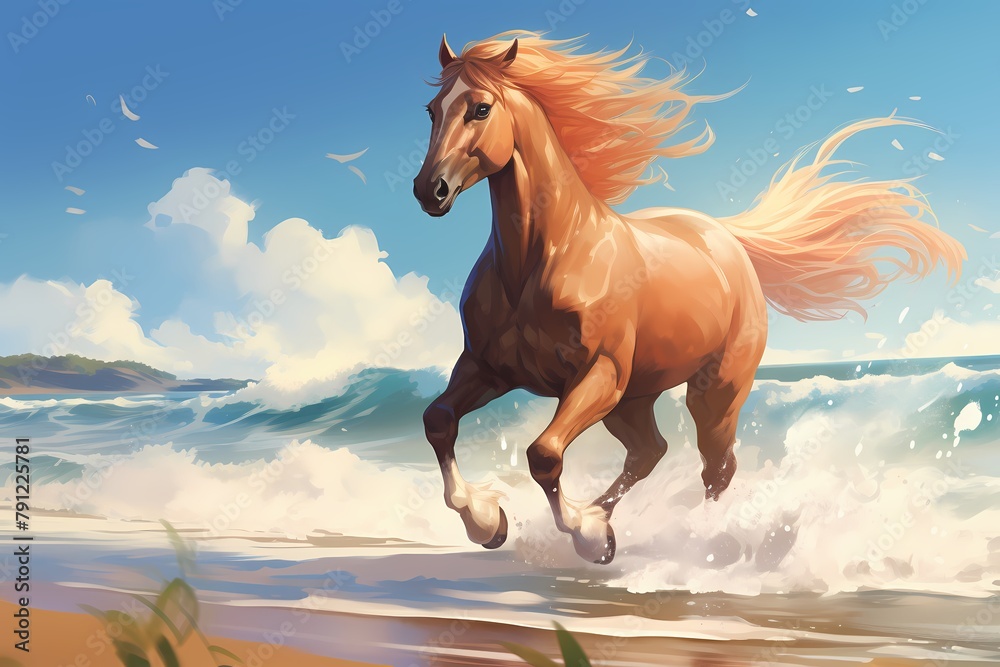 cartoon illustration, a horse is walking on the beach