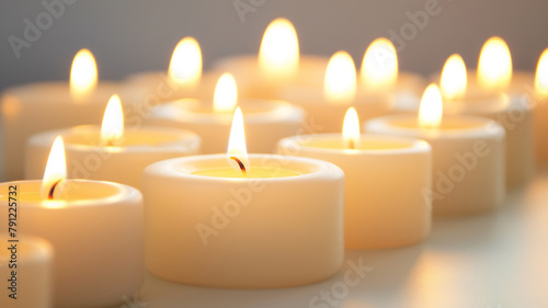 Multiple lit tea candles, creating a warm, soft glow on a gentle background.