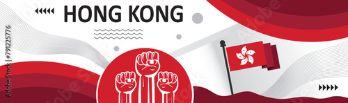 Hong Kong national day banner flag color background,creative independence day banner with raising hand. Poster, card, banner, template, for Celebrate annual..eps