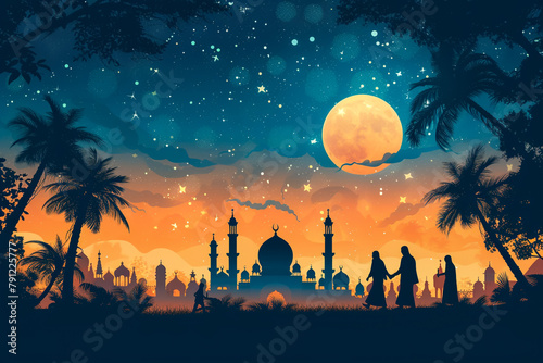 Professional photography Ramadan card with temple silhouettes background ornate text and cheerful human characters of muslim family members
