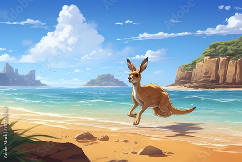 cartoon illustration, a kangaroo is running on the beach