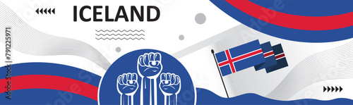 Iceland national day banner design. creative independence day banner with raising hand. Poster, card, banner, template, for Celebrate annual..eps photo