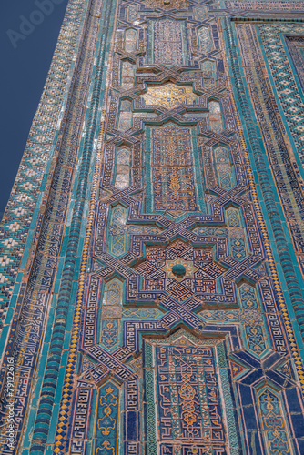 Close up on the details of Shahi Zinda mausoleum, Samarkand, Uzbekistan photo