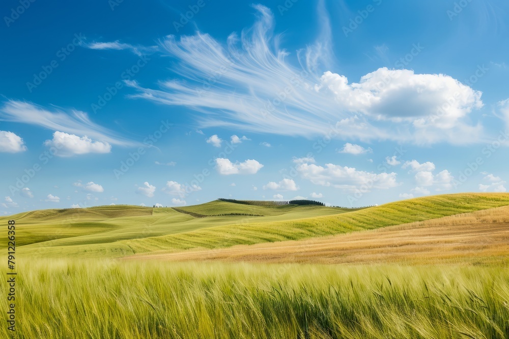 A peaceful countryside landscape with gently rolling hills and fields of golden wheat swaying in the breeze under a bright blue sky, Generative AI