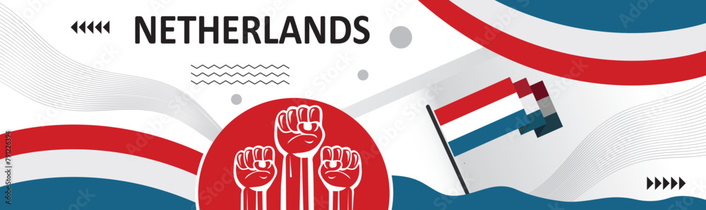 Netherlands national day banner design.Dutch flag background. creative independence day banner with raising hand. Poster, card, banner, template, for Celebrate annual..eps Netherlands national day banner design.Dutch flag background. creative independence day banner with raising hand. Poster, card, banner, template, for Celebrate annual..eps