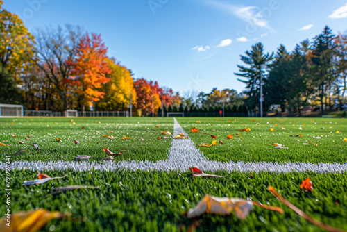 A photo of the white line on an artificial grass field, taken from ground level with the blue sky in the background.