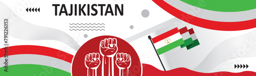Tajikistan Flag with raised fists. National day banner design, Happy holiday. creative independence day banner with raising hand. Poster, card, banner, template, for Celebrate annual..eps