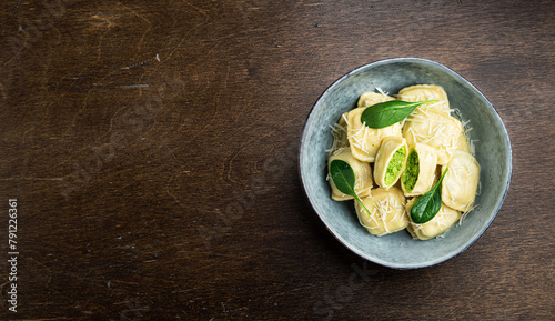 Italian Ravioli with ricotta and spinach, top view, copy space