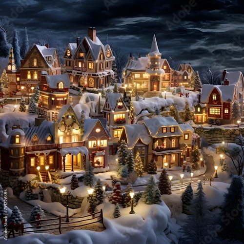 Winter village at night, Christmas and New Year holidays background. 3d rendering