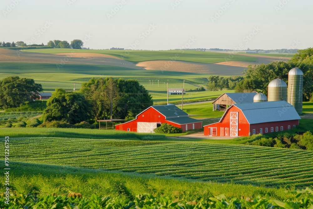 A picturesque farmstead with red barns and silos surrounded by fields of ripening crops, under a vast expanse of clear sky, Generative AI