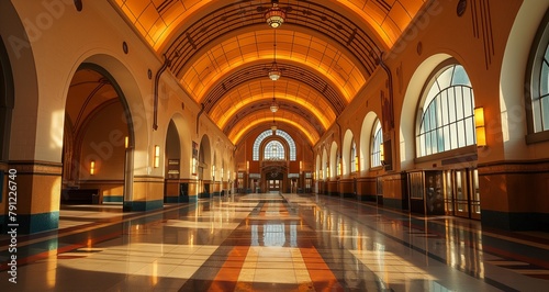 Grand Art Deco train terminal with sleek curves and ornate lighting