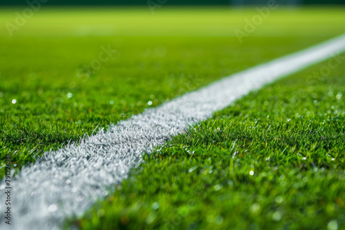 close-up view of a white stripe marking on green grass, soccer field, football field... © Kuo