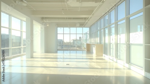 A large  empty room with a view of a city skyline.