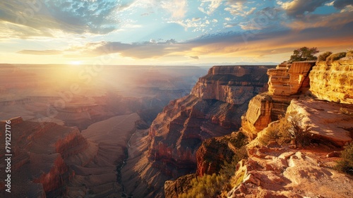 Sunset at vast canyon with stratified rock layers photo