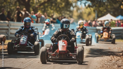 Go-kart racers compete on outdoor track with spectators in background photo