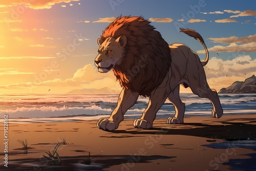 cartoon illustration, a lion is running on the beach © Julaini