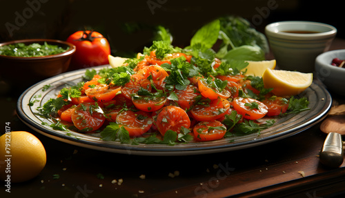 View of more assorted salads with tomato lemon on a plate