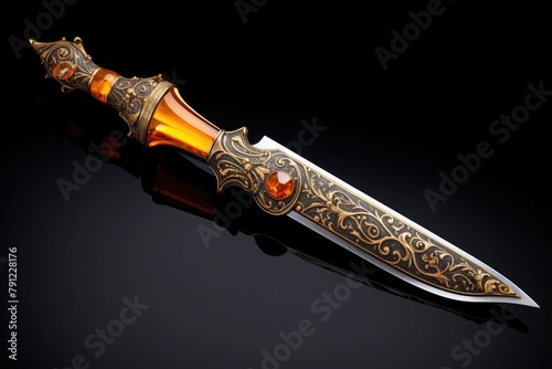Amber Inlay: Highlight the beauty of amber inlay on a weapon.