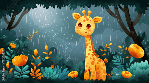 illustration of a giraffe in the rain flat style