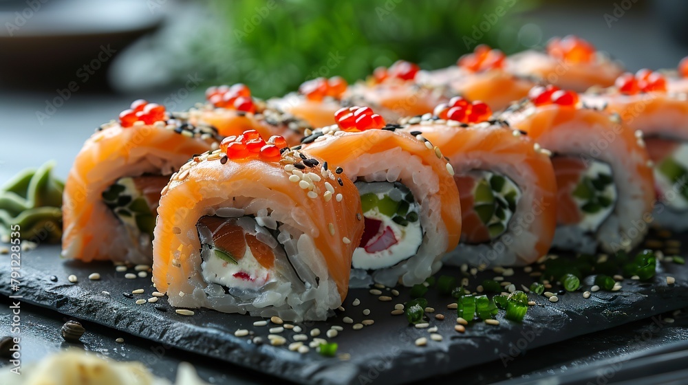 Close-up of sushi rolls with salmon on a luxury restaurant background. Succulent sushi rolls in elegant presentation under soft lighting. Close-up of sushi rolls with salmon on a luxury restaurant background. Succulent sushi rolls in elegant presentation under soft lighting.