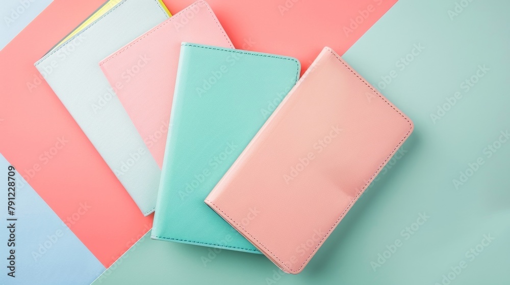 Monogrammed blank mockup of a passport holder in soft pastel hues . Monogrammed blank mockup of a passport holder in soft pastel hues .