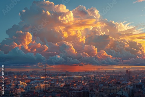 Majestic view of cumulus clouds floating over city at orange sundown in evening in Madrid