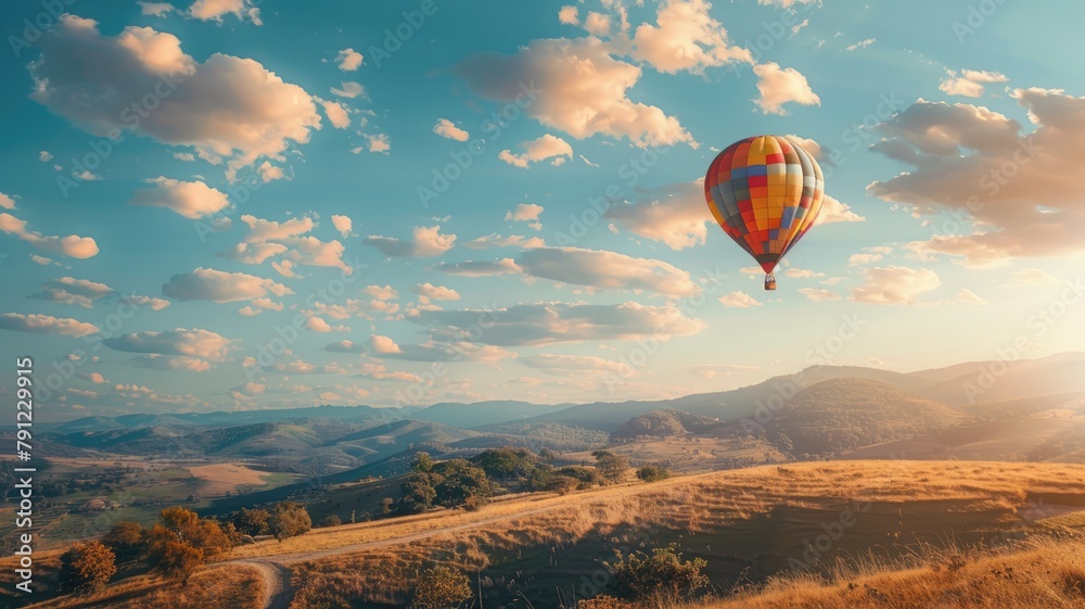 Obraz premium Hot air balloon flying over scenic hills during sunset